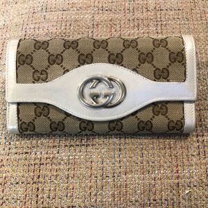 GUCCI GG Full Length Canvas & Silver Gold Leather Wallet GG Clasp